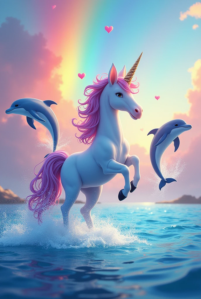 Unicorn and dolphins with rainbow background meme
