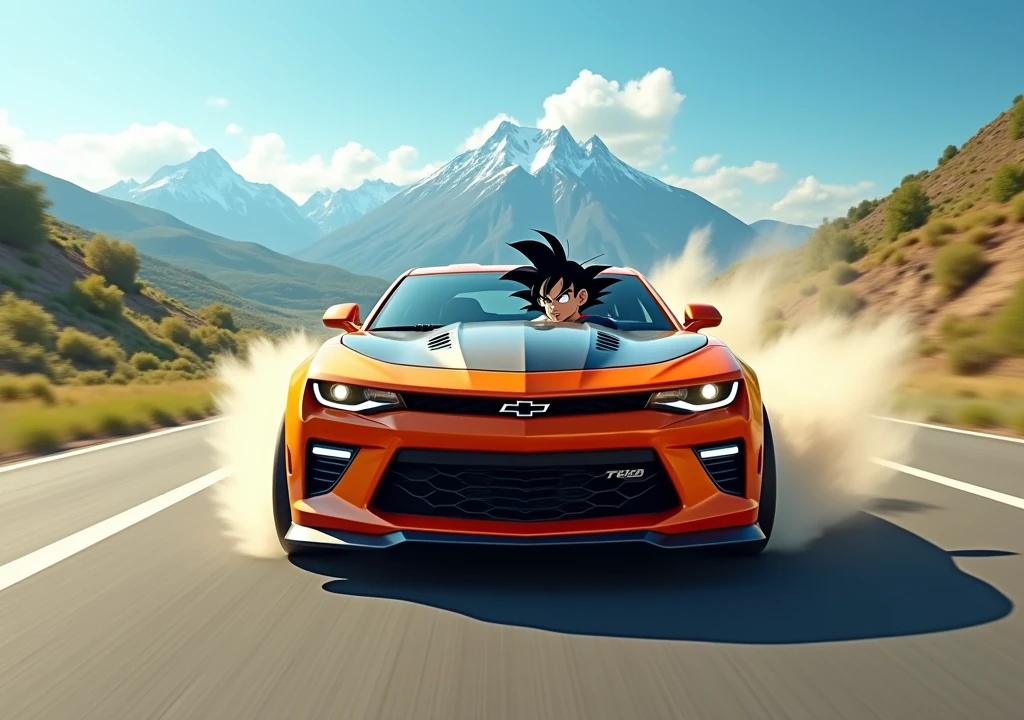 goku driving a camaro on the road