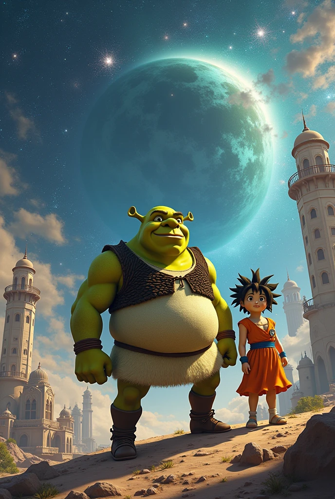 An image of Goku, Shrek and the princess exploring the universe or being in Quatar the main character of the image is Shrek 