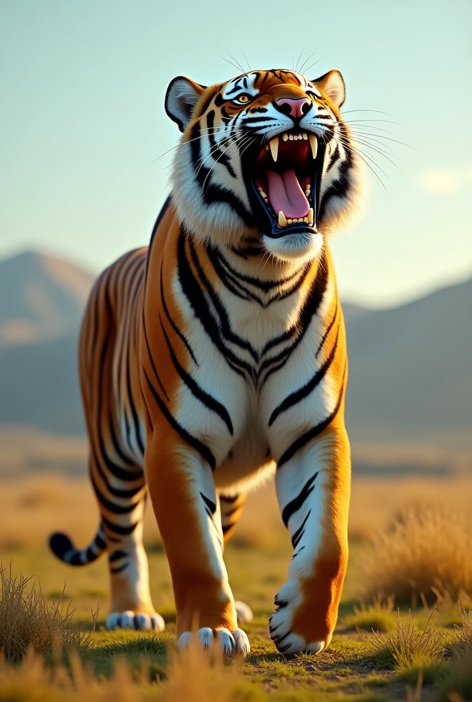 The tiger is shouting on a lang