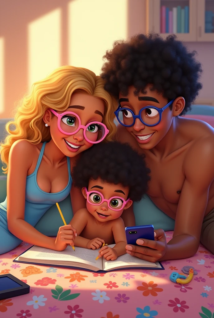 Realismo ao máximo estilo disney mulher brown color, blonde, curly hair Wearing Pink Glasses, clear green eyes, blue dress. Light white man, wearing dark brown shorts, wearing no shirt, Wearing blue glasses, curly hair, the two lying on a bed with a flowery bedspread, reading book and using cell phone. Young child, brown color, curly hair preto, Wearing Pink Glasses, drawing and painting with various pencils.