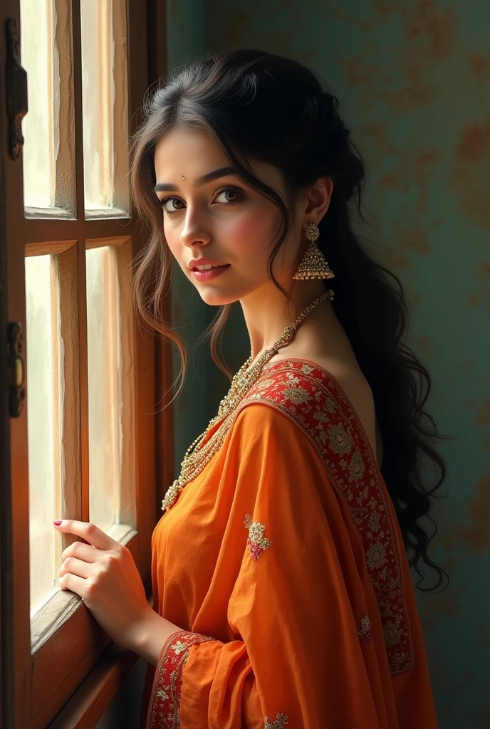 Draw a picture very pakistani and indian beautiful and simple female when I'm looking her I'm fell in love with her. Stanind at window staring at me