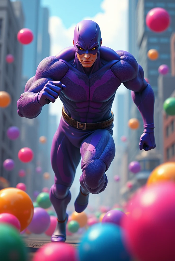 an edgy super hero whose power is to control bouncy balls of all sizes.
His name is “The Bouncy Baller”.
He wears a purple and blue super suit that looks almost like athletics clothes and a mask to conceal his identity. He throws colorful balls of all sizes