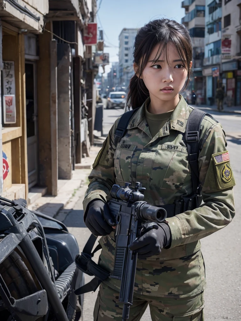 Female soldier fighting with a machine gun in a war-torn city,Heavy breathing,