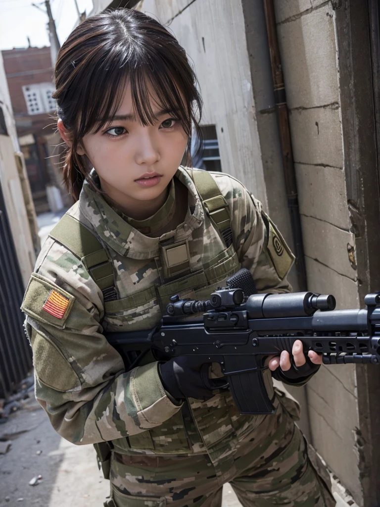 Female soldier fighting with a machine gun in a war-torn city,Heavy breathing,