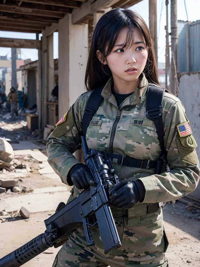 Female soldier fighting with a machine gun in a war-torn city,Heavy breathing,
