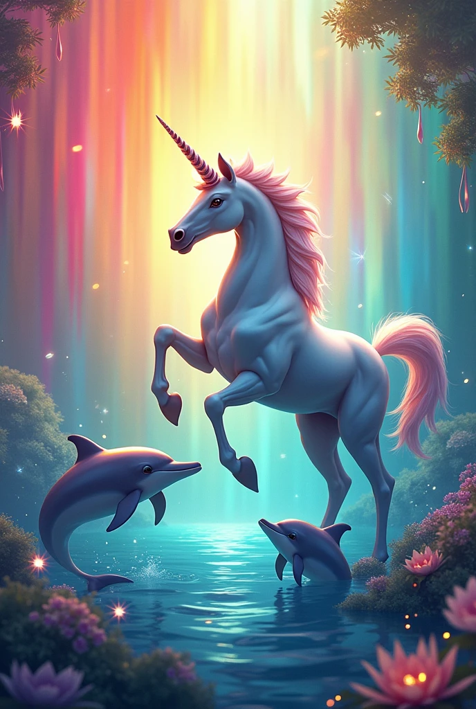 Unicorn and dolphins with rainbow background
