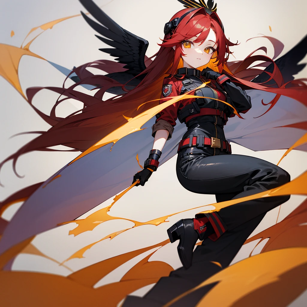 red hair, woman, female, looking at viewer, long hair, center part, golden eyes, gradient eyes, with irises, fair skin, with black red angel wings on back, jacket, pants, gloves, long boots, belt, Goggles on head