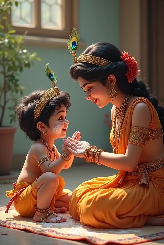 Cute kanha ji, wearing morpankh mukut, with white makhan spread over his mouth and hands in picture of white makhan, sitting on floor, looking up at mata yashoda with sweet smile, mata yashoda wearing beautiful lehnga and jewellery, scolding kanha politely