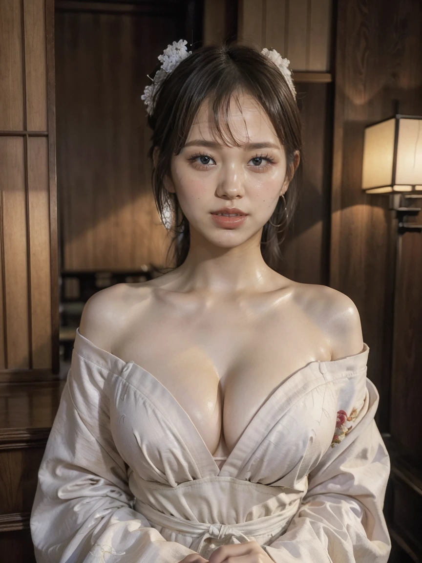 (masterpiece, best quality, 8k, photorealistic, hyper detailed), beautiful japanese woman wearing an erotic kimono, full body, revealing cleavage, highly detailed facial features, intricate kimono pattern, dramatic lighting, muted color palette, cinematic composition, ((Perfect clean white teeth))