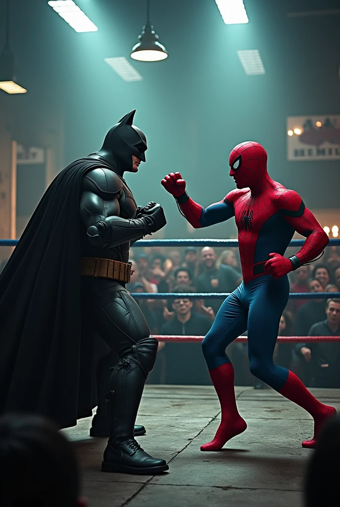 The Opening Moves:

Prompt: "A dimly lit underground boxing ring in Gotham City, surrounded by an excited crowd. Spider-Man in his red and blue suit and Batman in his black armor face off. Spider-Man is darting around the ring with rapid movements, throwing quick jabs. Batman is in a defensive stance, ready to counterattack. The scene is filled with dramatic lighting and shadows."