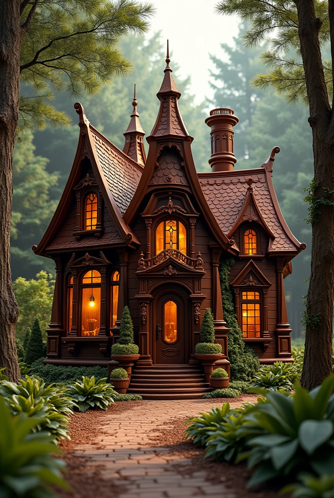 masterpiece, best quality, extremely detailed, hyperrealistic, photorealistic, 1344 x 768, (royal house), (house made of chocolate), chocolate world, chocolate door, chocolate windows, chocolate roof, at a forest, solar lighting