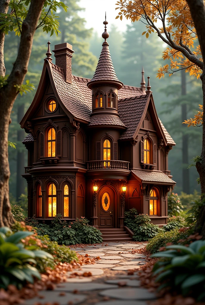 masterpiece, best quality, extremely detailed, hyperrealistic, photorealistic, 1344 x 768,  (royal house), (house made of chocolate), chocolate world, chocolate door, chocolate windows, chocolate roof, at a forest, solar lighting