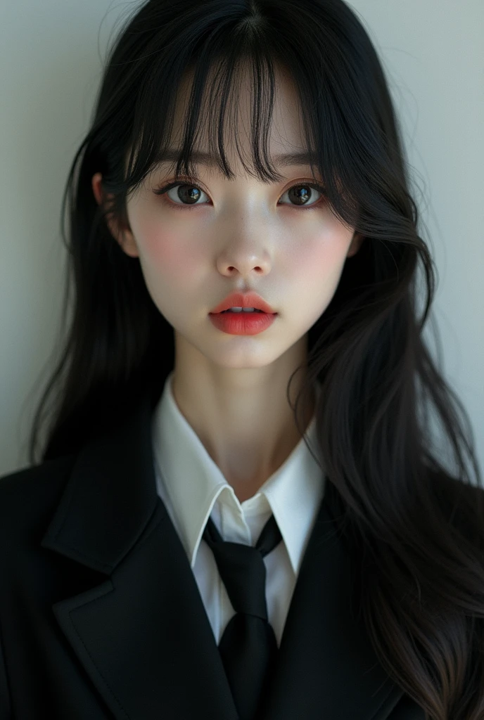 young korean woman, long straight black hair with bangs, deep black eyes. Her lips are reddish and her skin is white as snow. She wears an all-black school uniform..