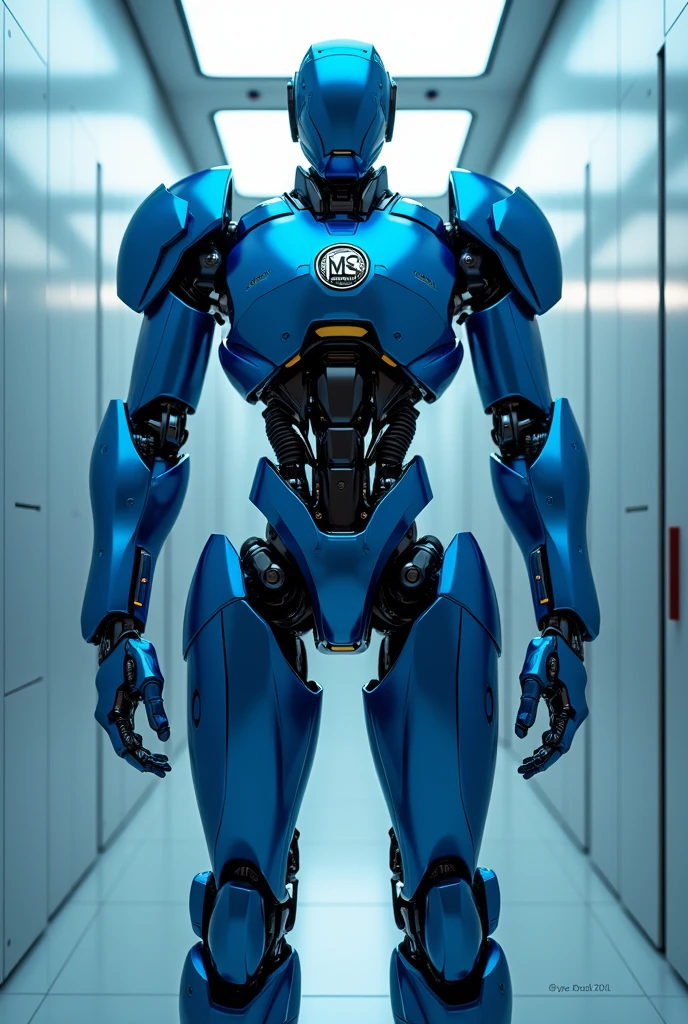 Um robor azul com logo grade MS PRODUCTION