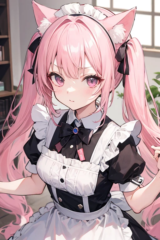 Light pink hair、Twin tails、Maid clothes、One Girl、Cat ear、long、Bangs crossed between the eyebrows
