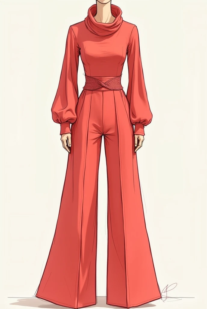 Make a sketch showing the front and back of the outfit the two fashion views of an outfit with the following characteristics Body: Design a fitted bodysuit with the following features:
Long bishop sleeves that adjust at the cuffs.
Cowl neck Knitted fabric in vibrant coral tone: Make sure the color is bright and eye-catching.
Pants: Design a wide leg pant with:
High crossed waistband: The waistband should be high and crossed in the front to give it a distinctive style..
Stretchy barbie screen: The material should be flexible and fit the body without being too tight..
Details of backstrap loom: Add handcrafted details to the sides of the pants, using weaving techniques to highlight the connection with the traditional.
Combination: Make sure that the bodysuit and coral pants complement each other and that the loom details blend harmoniously with the rest of the design.. A drawing of the front and another of the back.