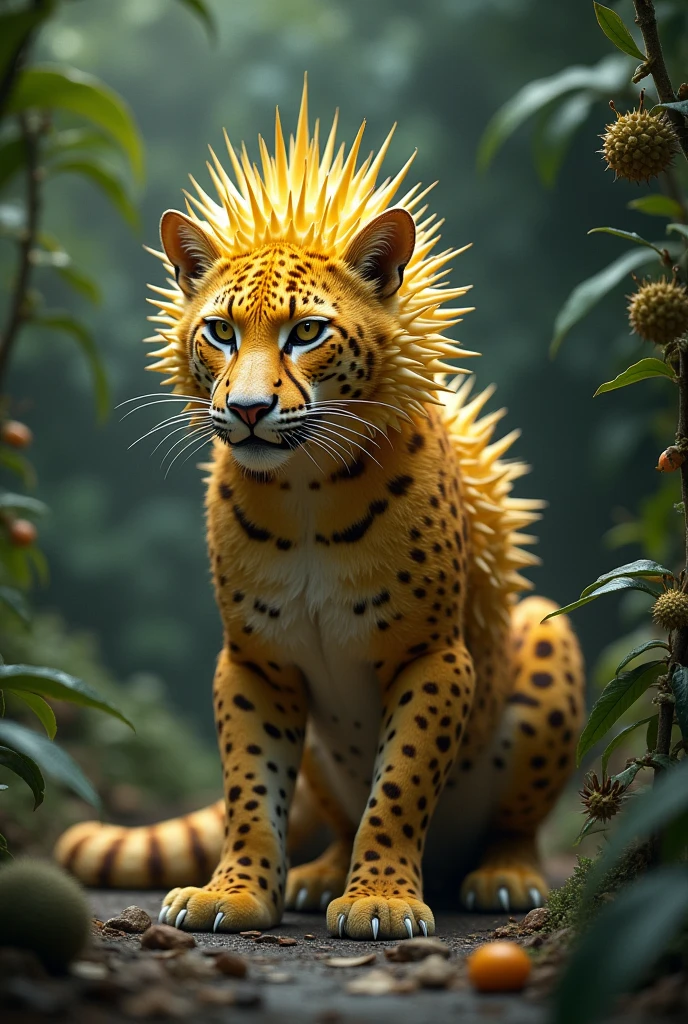 Create a picture of a leopard mixed with durian.