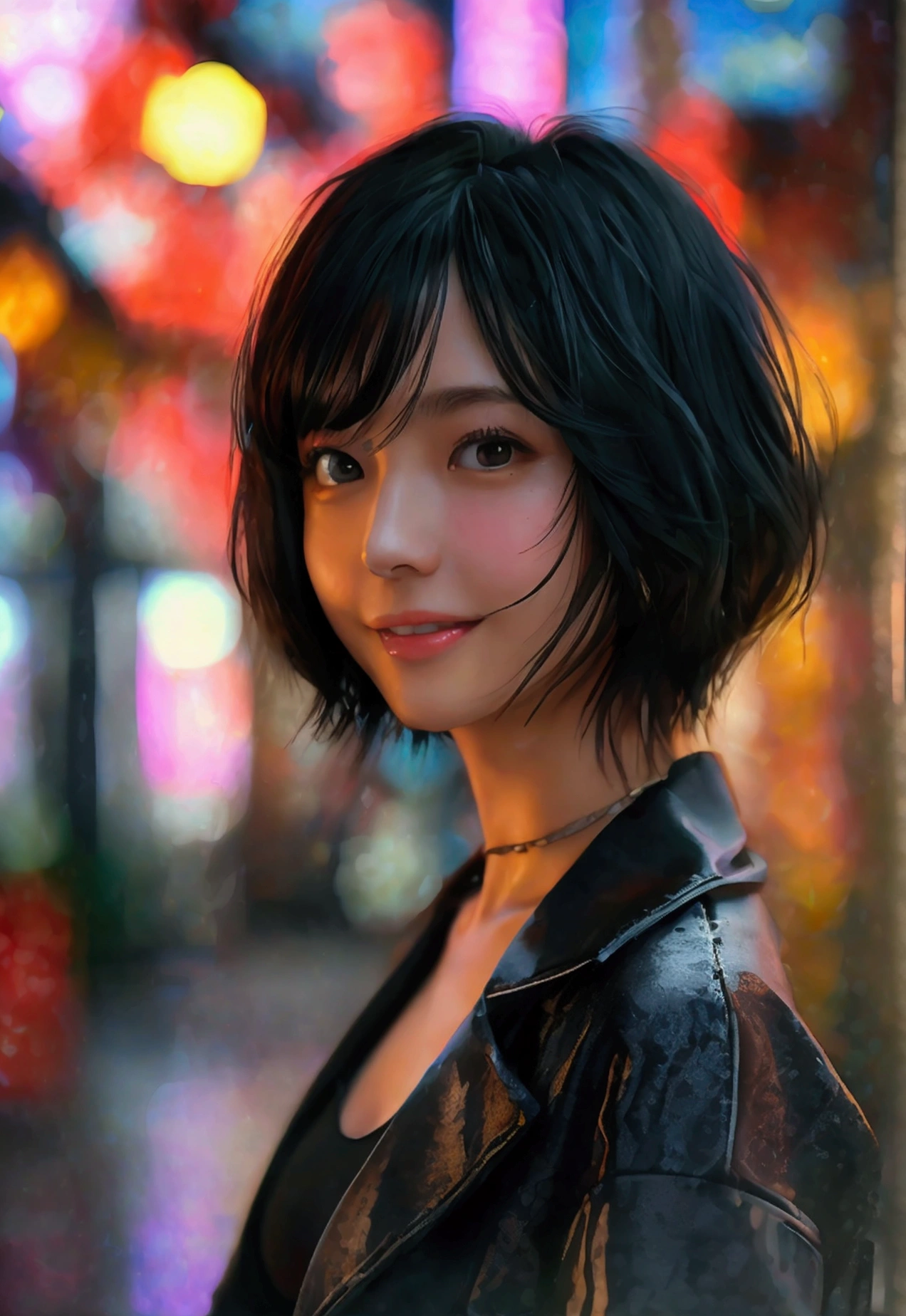 best quality ,masterpiece,ultra high res, very beautiful, kawaii, (photo realistic:1.4), 1girl, Japanese, ((above the knee)), short hair, black hair, looking at viewer, cleavage, smiling, wearing blazer, outdoors, Cinematic, 35mm lens, f/ 1. 8, accent lighting, 8k,