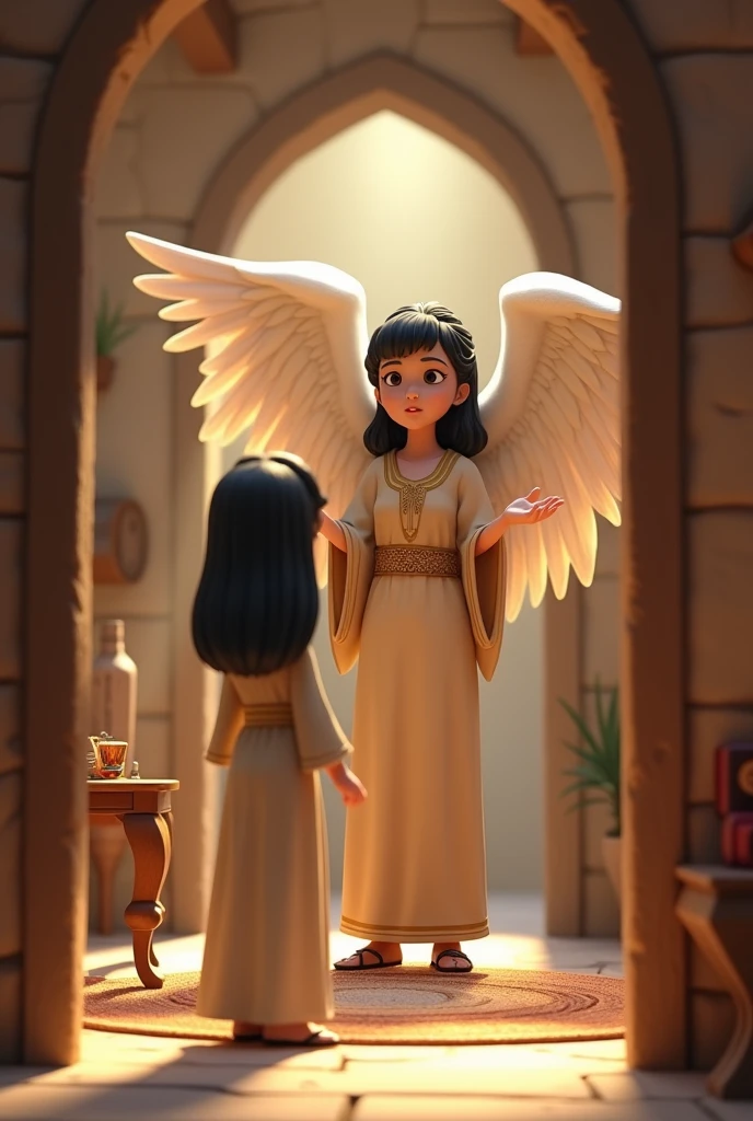 3D cartoon adult size girl, Pretty with straight black hair and black eyes, dressed in a long biblical-style tunic, she shows amazement in front of an adult-sized angel who is greeting her, inside a humble house in a village in ancient Jerusalem .