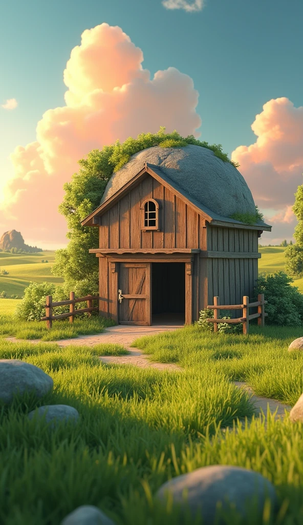 Draw a large stone at the entrance to a farm barn. The farm should be picturesque and detailed, with green fields and a sunrise sky with soft orange and pink tones, in a 3D animated style.