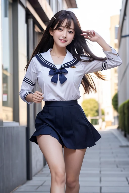 Her breasts are so big in her sailor uniform that her nipples are visible through the uniform.,Long hair gives a young and mature look,Young eight-headed woman,A scene where she has a calm expression and a gentle sidelong glance,Has long black hair,In the background, a girl is running down a school corridor with her short skirt fluttering.,She has a modest smile