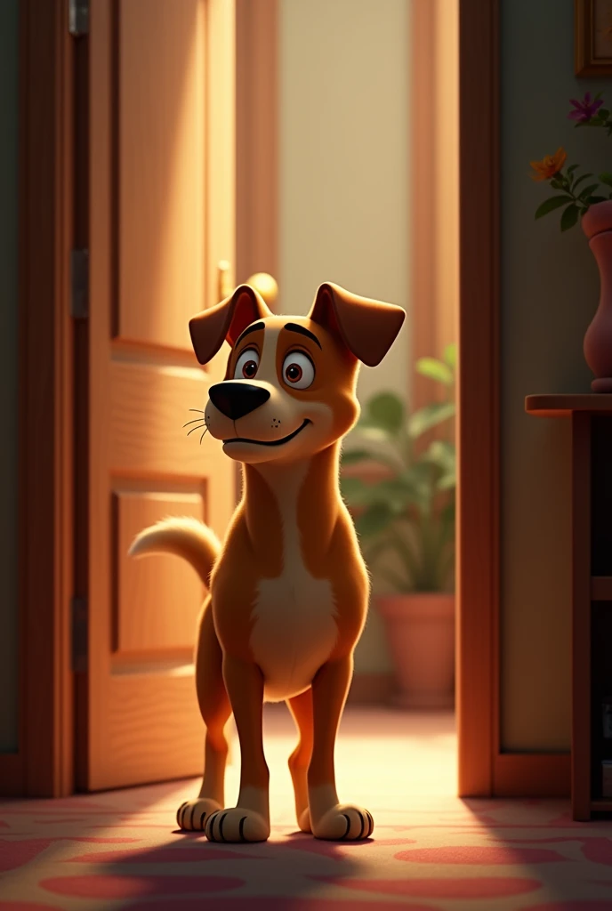 very detailed image in pixar style At the slightest noise, the dog stands at the door, ready to defend home
