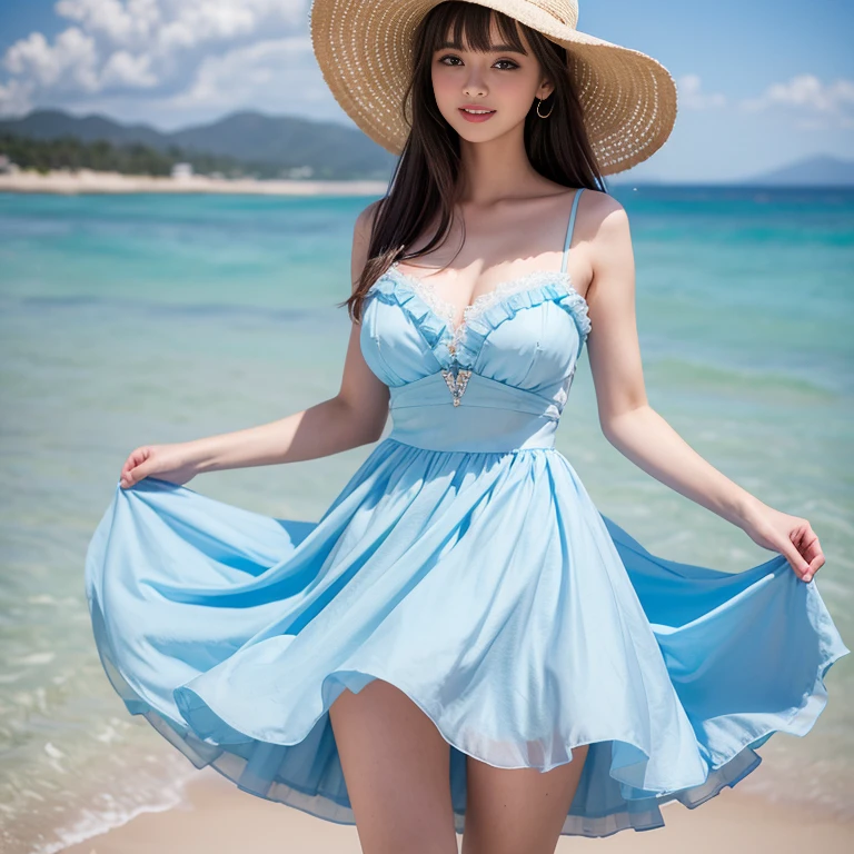 laughing out loud,(knee shot), 1 girl, light brown hair, blunt bangs, hair behind ears, Hair over the shoulders, long hair, Slender body type, Super thin face, face slimming, delicate lips, beautiful eyes, Thin blush, Eyes are light brown,Check it out here, (realistic:1.3), 8k, , Super detailed, high quality, best quality, High resolution, (Full breasts), 3, , (gauze skirt), (Tutu), wearing a light blue dress, Cute and elegant pose, (((Gauze puffy dress))), gauze skirt, five layer gauze skirt, There is petticoat inside the skirt,The dress is made of chiffon,Soft and fluffy dress, elegant, (Stand on the beach), wearing a straw hat, light blue dress,long skirt. hand on hat, chiffon dress, large breast, wear a f cup
