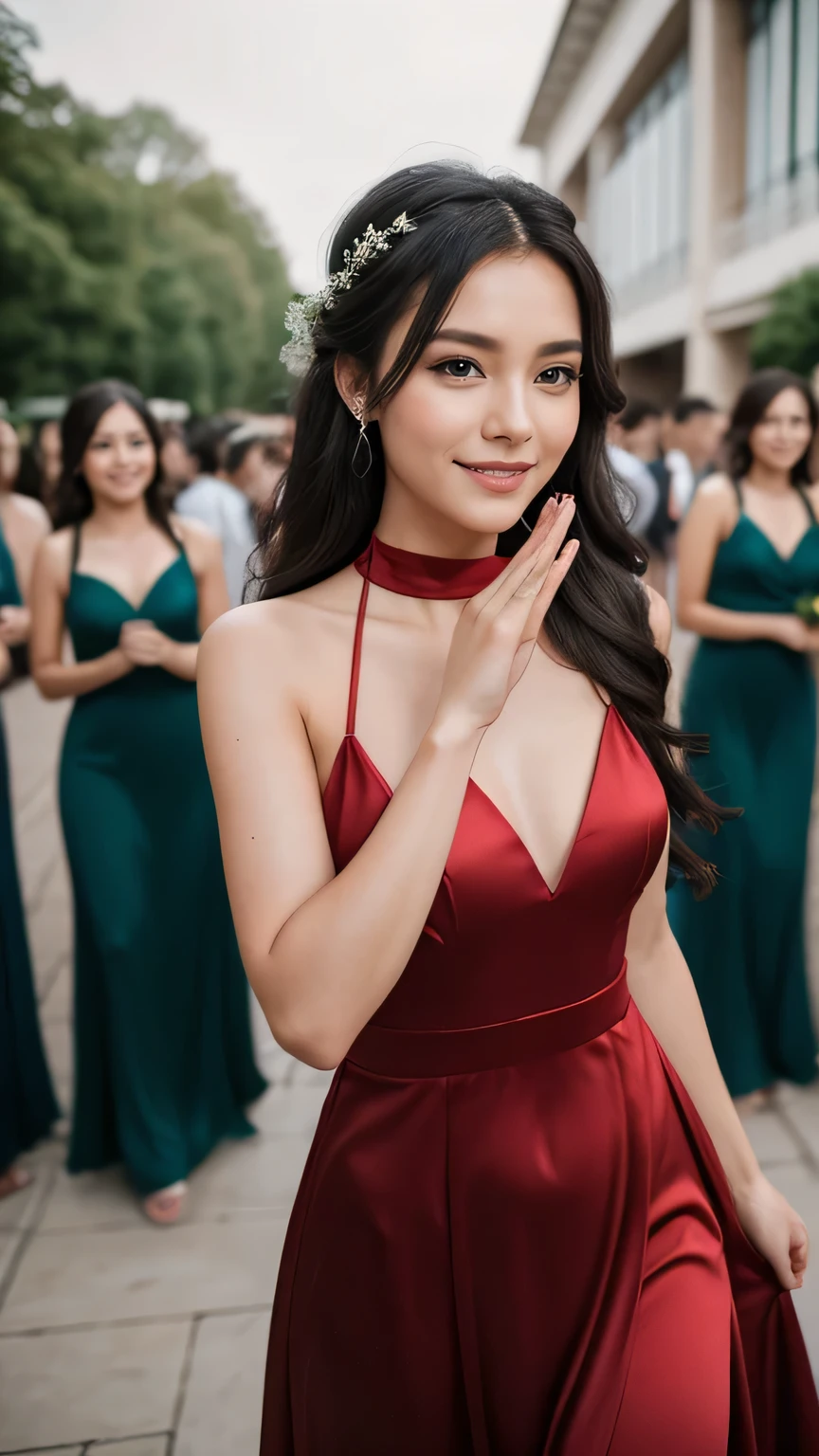 Realistic full body photo of a smiling, Young black-haired woman with long hair, She dances in front of the camera in a long A-line bridesmaid dress with jewel neck straps made of shiny red satin., Park,glamour fotoshooting, Wedding celebration, perfect anatomy, perfect brown eyes. Perfect hands with 5 fingers on each hand, Matching girl, look into the camera, 1 Frau. (Eye make up:1.1), (highly detailed skin:1.1), spirit, analog style, keen focus, 8K UHD, dslr, good quality, Fujifilm XT3, Grain, Award-winning, masterpiece. Wedding celebration