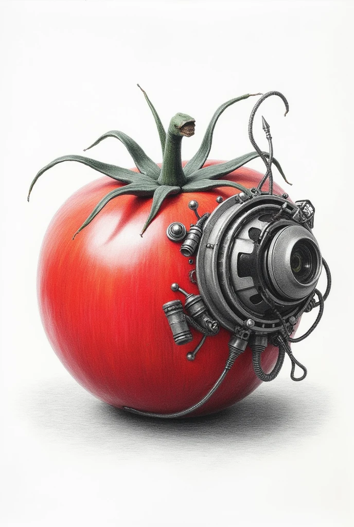 Make a pencil drawing of a half-cyborg tomato