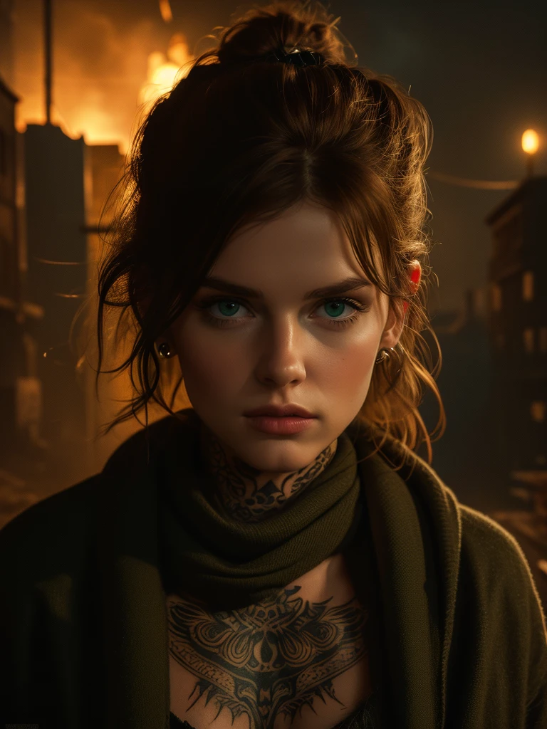 very detailed, 16K high resolution, incredibly detailed image, cinematic, best quality, masterpiece, realistic, detailed face, detailed background, dramatic lighting, A girl, 2, she is alone, beautiful, natural ginger hair, straggly and messy wavy hair. Extremely detailed facial expressions with sharp and piercing green eyes. A delicate, slightly cheeky face, subtly made up. ((She is tattooed and pierced, large tubes in her ears.)), She has (very small breasts) and a slim figure, in good shape. Dark lighting conditions, the world is destroyed after a war (end-time mood like in Mad Max). She is in an old destroyed city. Flames and clouds of smoke in the background. Her outfit is similar to the outfit of Vii, from the series Arcane. She has a belt around her waist.