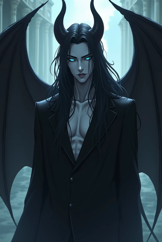 Erik is a male bat-like demon. He is 195 cm tall, has pale white skin; his eyes are a very light pale blue with soft grey sclera, with a subtly smudged eyeliner on the lower waterline. He has pointy ears and long black hair that reaches under his shoulder. His lips are a mid tone of grey and he has pointy fangs. Erik has a pair of black bat wings that are often folded.
Anime style