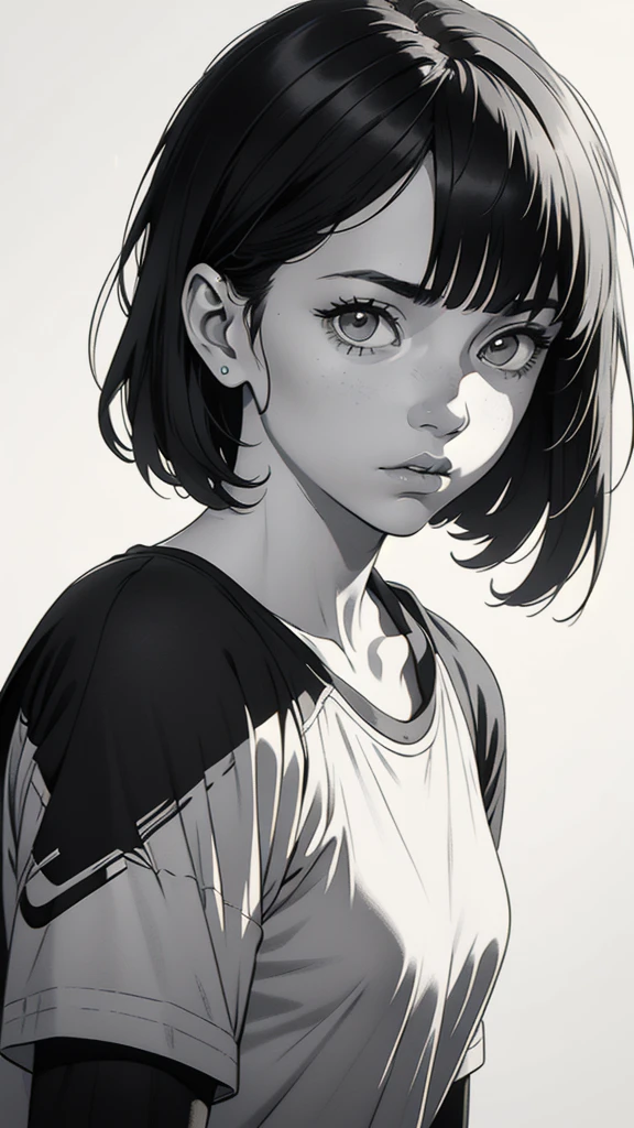 1 boyish girl, solo, sharp eyes, expressionless, monochrome, greyscale, short black hair, portrait, white T-shirt, closed mouth, looking at viewer, graphite \(medium\), detailed lips, hatching \(texture\), without makeup, bangs, upper body, (best illustration), (best quality), (very detailed), (masterpiece), expressionless,