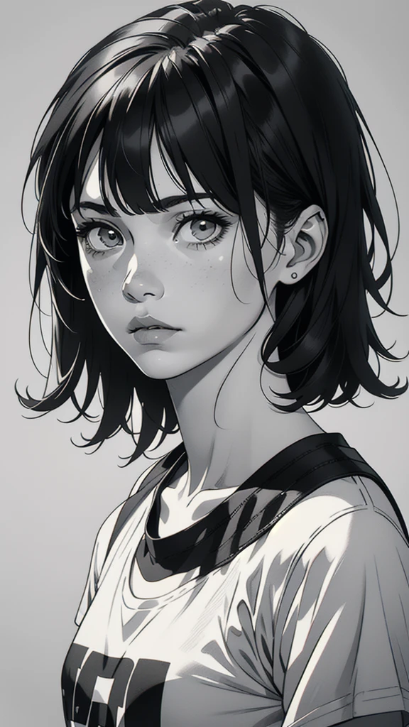 1 boyish girl, solo, sharp eyes, expressionless, monochrome, greyscale, short black hair, portrait, white T-shirt, closed mouth, looking at viewer, graphite \(medium\), detailed lips, hatching \(texture\), without makeup, bangs, upper body, (best illustration), (best quality), (very detailed), (masterpiece), expressionless,
