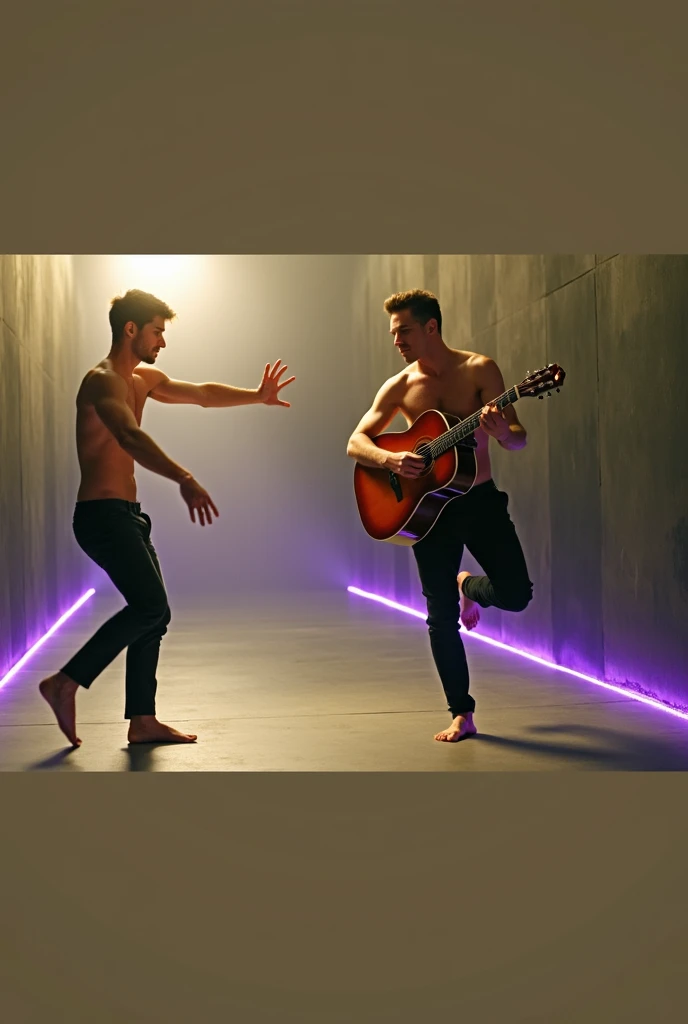 Two handsome men with a beautiful face, slim, shirtless, wearing black pants, dancing against the wall, playing beautiful music, bumping their penises
