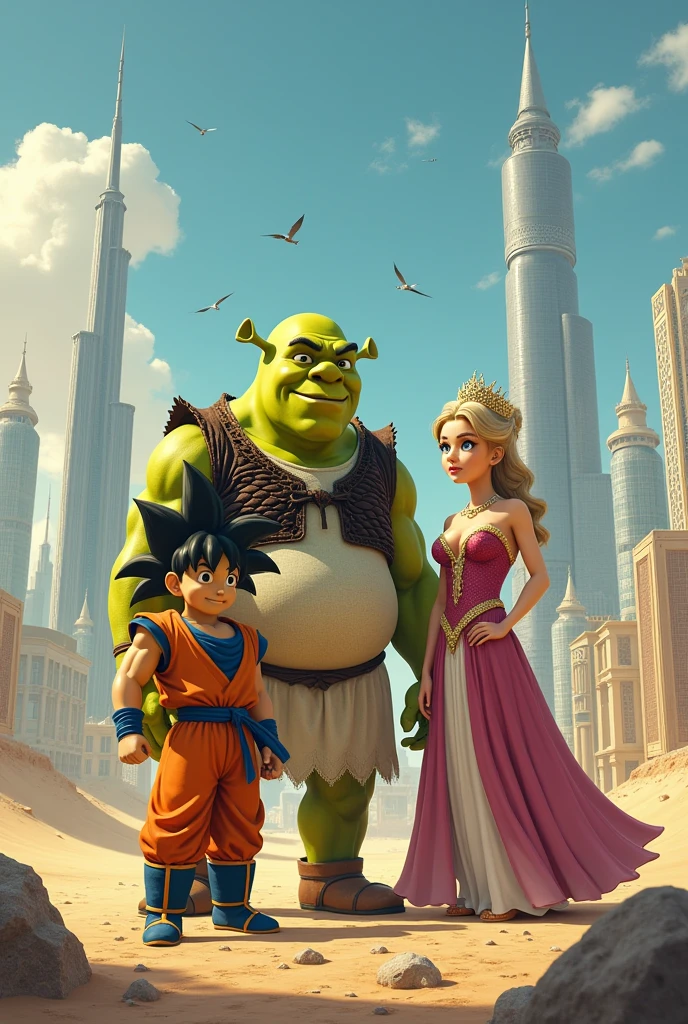 An image of Goku, Shrek and the princess being in Quatar the main character of the image is Shrek