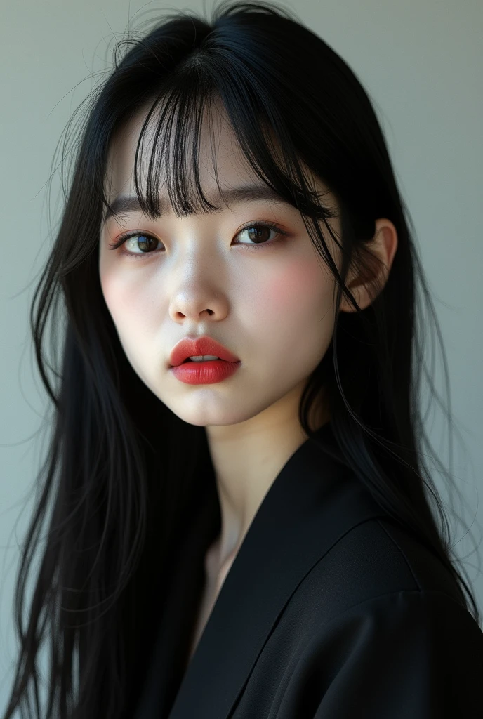 young korean woman, long straight black hair with bangs, deep black eyes. Her lips are reddish and her skin is white as snow. She wears an all-black school uniform.. His expression is sexy and serious. 