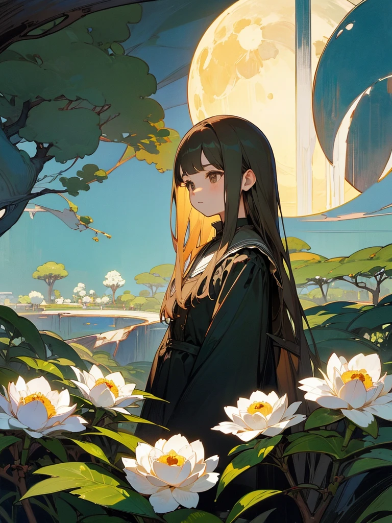landscape、summer、moon、in the forest、unmanned、small pond、wood々、moss、Vine、Nobody is here、池にmoonの影写る、1 girl、woodの根元に座る、Wearing a white yukata、、Long hair light brown、A single hair accessory: a white camellia flower、Brown eyes, long black eyelashes、high quality、masterpiece、The distant view、Dali painting style、distort、The girl&#39;s hands and feet are accurate、The number of fingers is five、2 books for hands and 2 books for feet、The distant view、Dali painting style、distort、It&#39;s like a world famous author.。