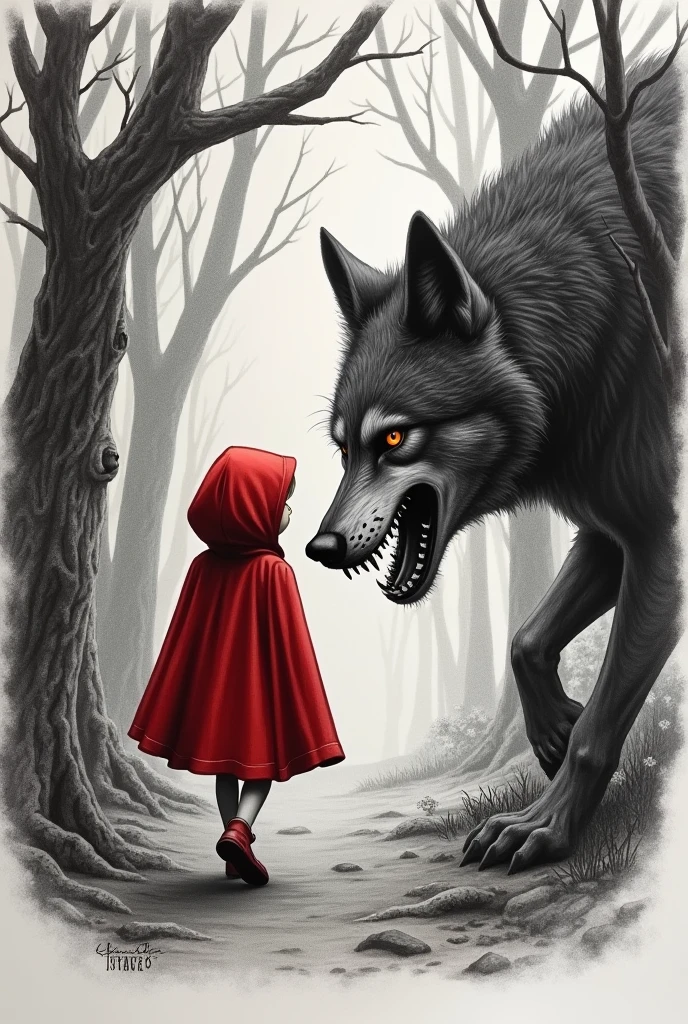 drawing of little red riding hood walking in the forest with evil wolf wolf with big eyes and teeth pencil drawing for tattoos