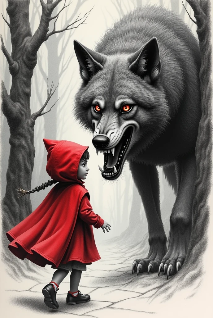 drawing of little red riding hood walking in the forest with evil wolf wolf with big eyes and teeth pencil drawing for tattoos
