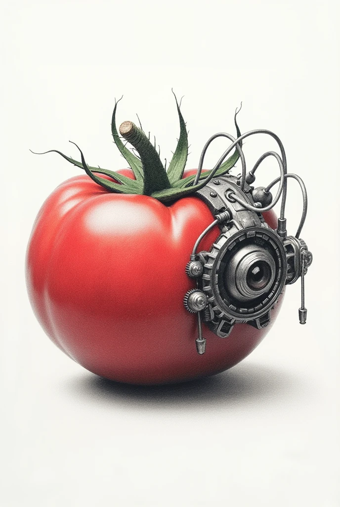 Make a pencil drawing of a half-cyborg tomato