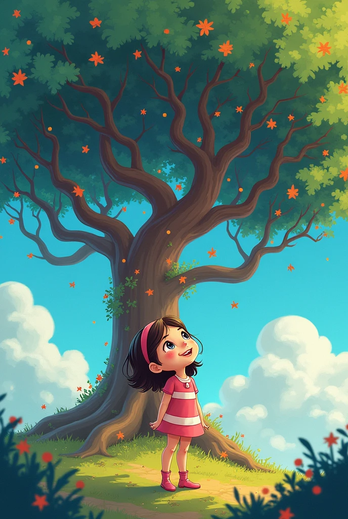 A girl under a cartoon style wishing tree