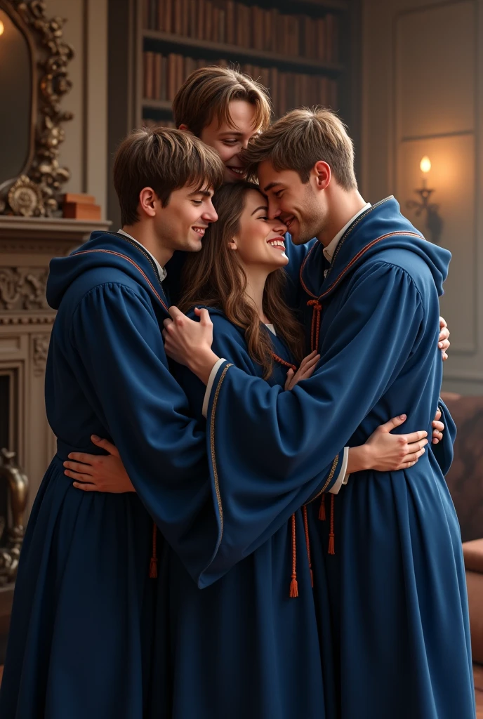 Four male wizards with short hair and three female witches from Ravenclaw house hugging each other
