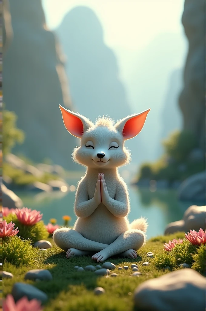 A beautiful realistic 3d 4k animal joining his hands like prayer and in background a beautiful 4k 3d nature scene and in front of it in down of it written a Good Morning and in down of it शूभ प्रभात 