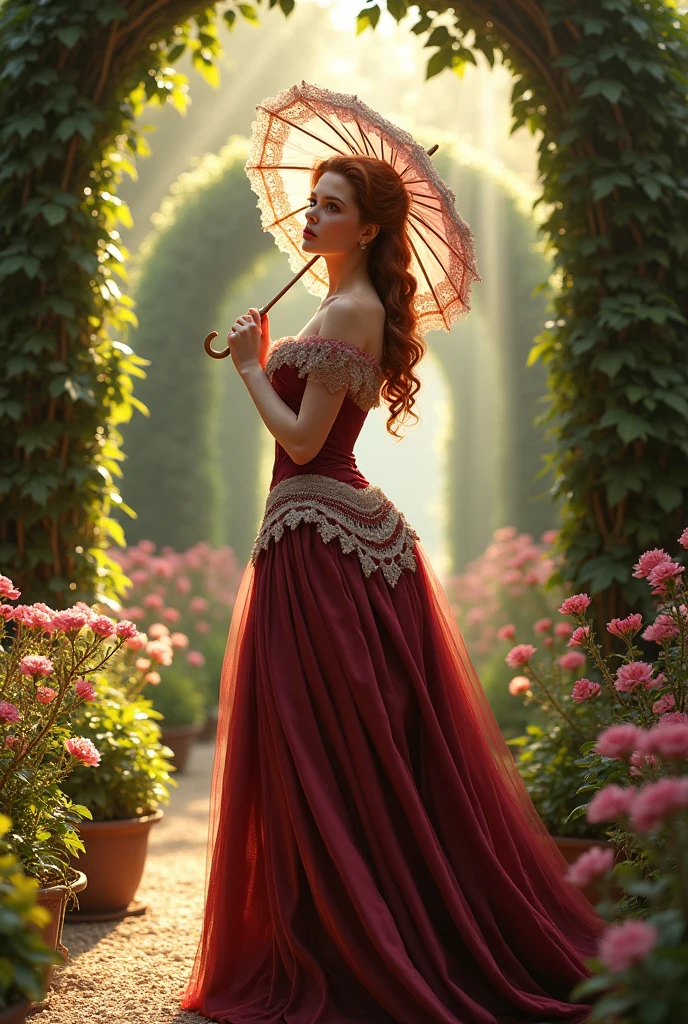 Princess scarlett johanson details du visage et du corps de scarlett johanson en robe victorienne , vue du corps entier, dans un jardin d’époque.  Avec une ombrelle, souriante en regardant a gauche au loin