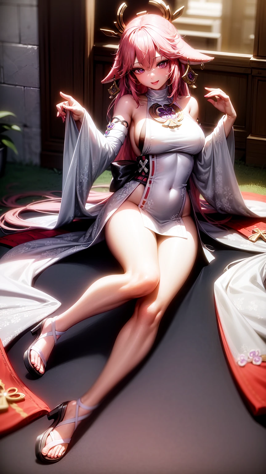 Yae Miko,purple eyes,Wedding Dress,long skirt,seductive face,legs open