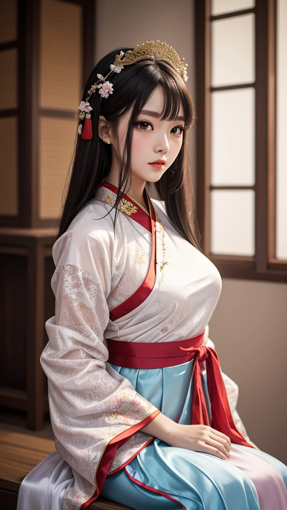 face and thigh), 
1girl, (picture of a person wearing a modern hanfu),
"with a fusion of traditional Chinese elements and contemporary fashion", (Hanfu costume),
(Hanfu dress),
in pastel colors, 
made of silk and lace, large breasts,  mole, blurry background