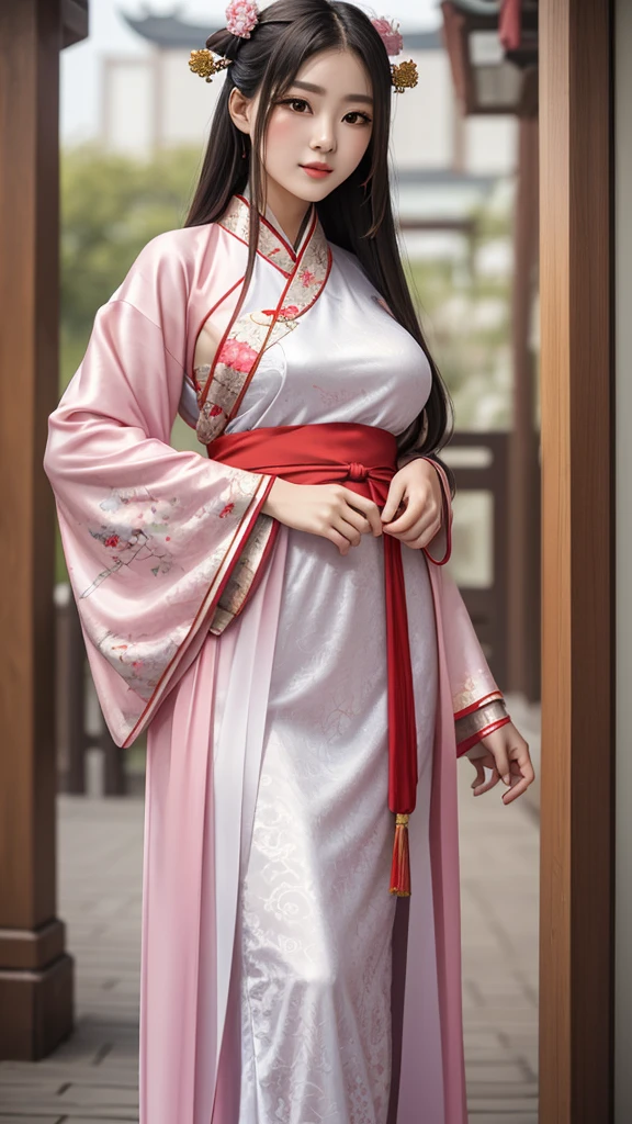 face and thigh),
1girl, (picture of a person wearing a modern hanfu),
"with a fusion of traditional Chinese elements and contemporary fashion", (Hanfu costume),
(Hanfu dress),
in pastel colors,
made of silk and lace, large breasts, mole, blurry background