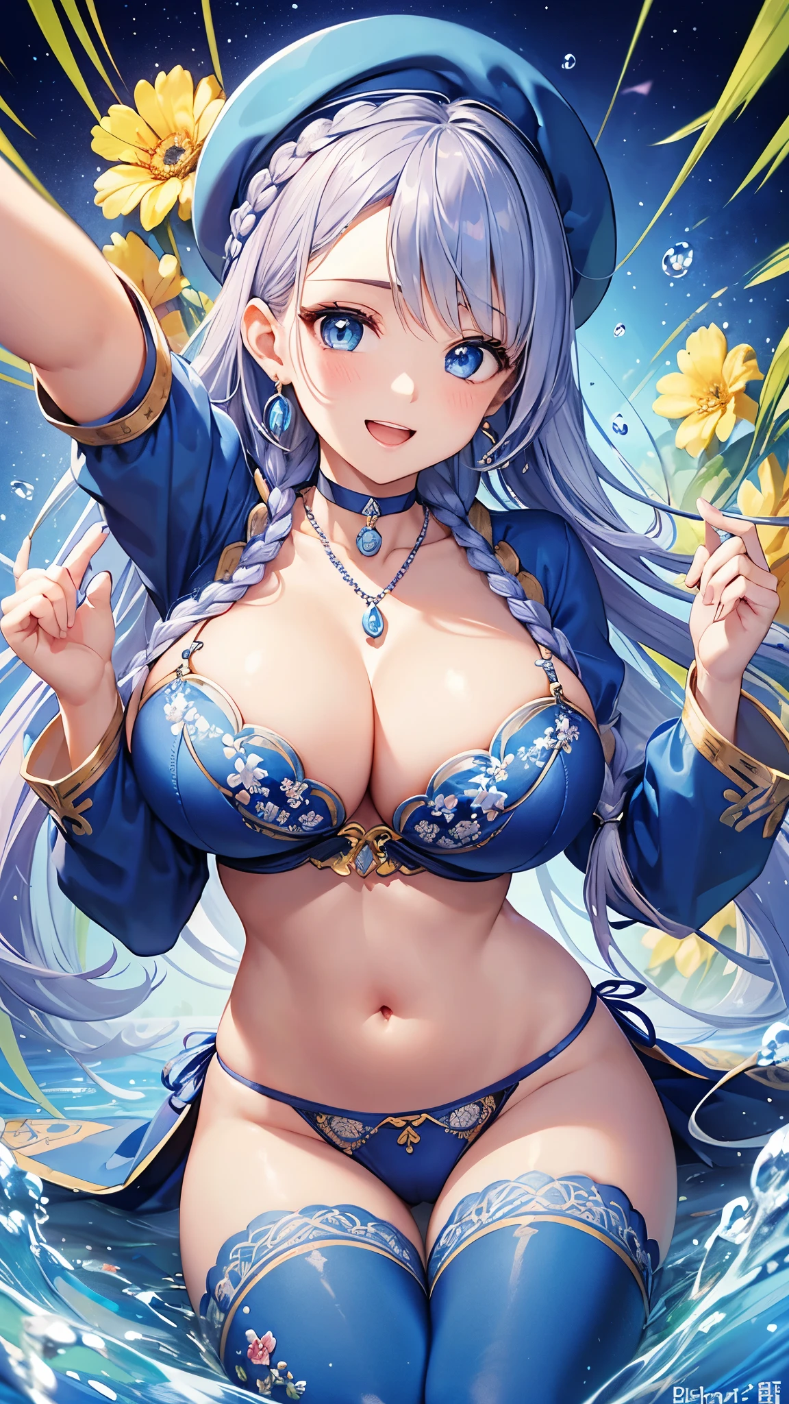 Highest quality、Highest quality、masterpiece、(8k resolution),beauty(Age 25)、(Mature Appearance)、Long Hair(Braiding of sides)、blue eyes、(Intricately embroidered underwear、bra)、Big cleavage、((Super big breasts))、smile、blue necklace、Blue Earrings、background(flower)、Please open your mouth wide、Dynamic pose、Blue choker、beret