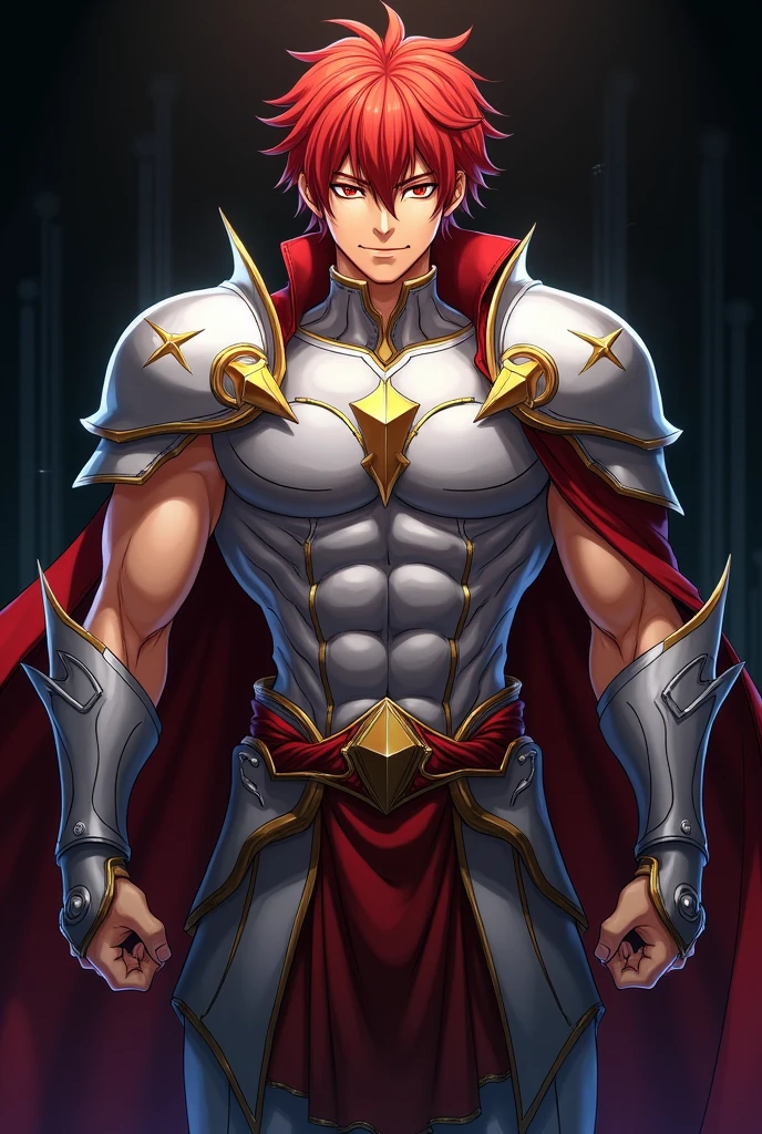A boy in the style of Knights of the Zodiac (the lost canvas) Red-hair. attractive, handsome, muscular, with silver armor, Art image from the shoulders up, sexy, sexy fighting pose